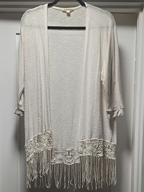 painted threads Cream Lace Fringe Open-Front Women's Cardigan